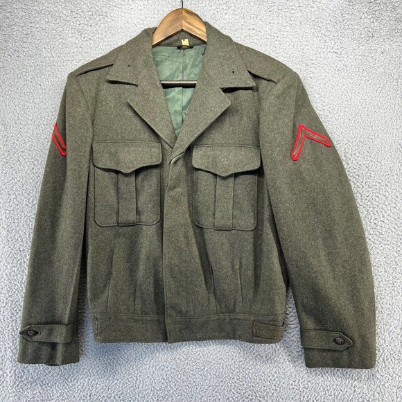 Vintage Military Jacket Blazer Adult 38 Green Marine Corps Patches Button 50s - Picture 1 of 15